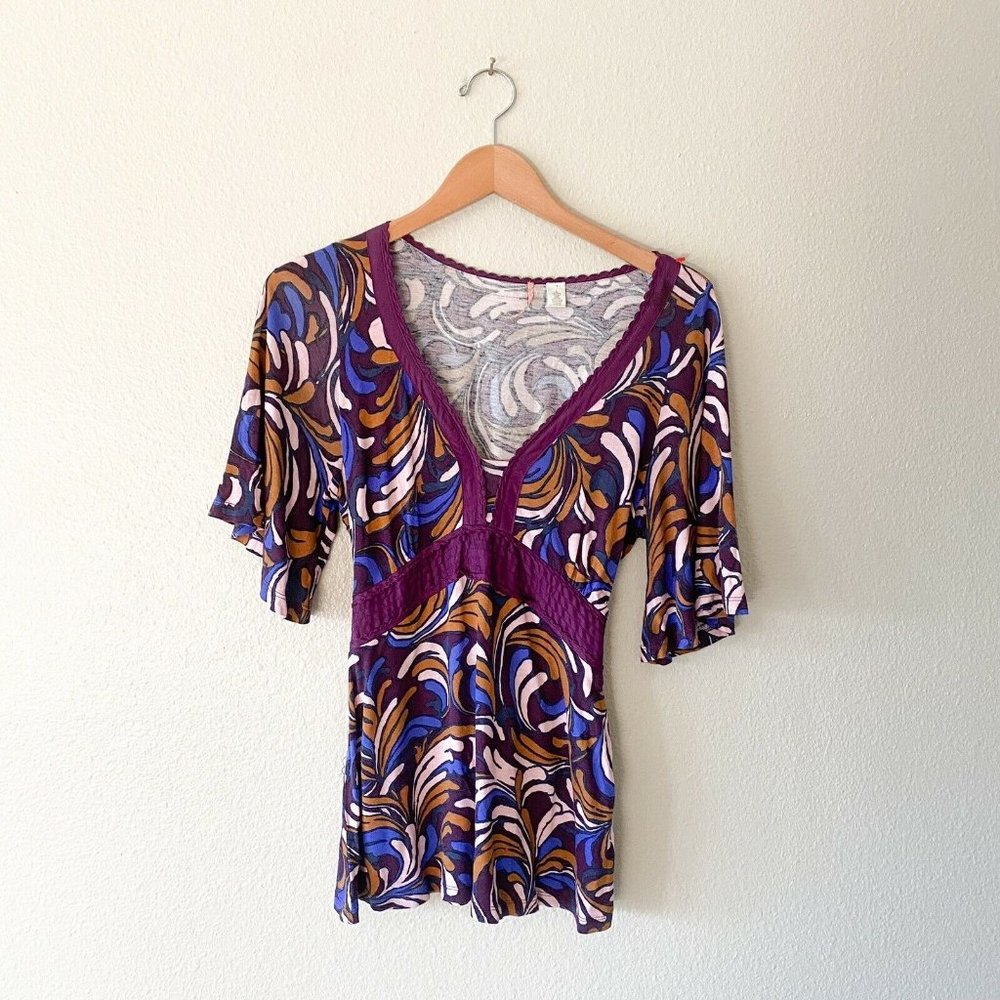 Anthropologie ricrac rayon silk burgundy blouse flare sleeve L